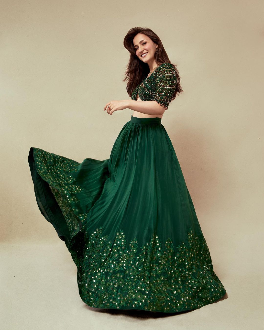 Mumbai Actress Elli AvrRam Images in Green Lehenga Choli